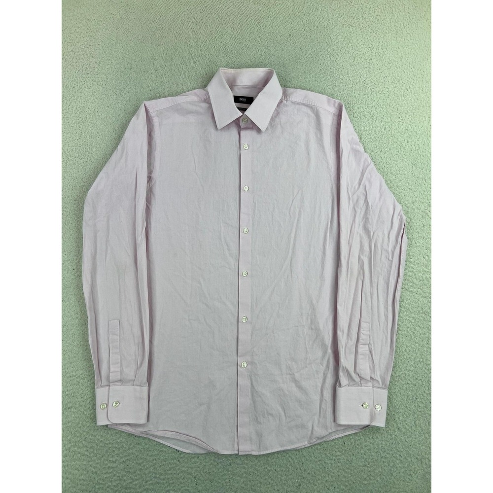 BOSS Hugo Boss Dress Shirt Mens 15.5 34/35 Pink Check Sharp Fit Cotton LS